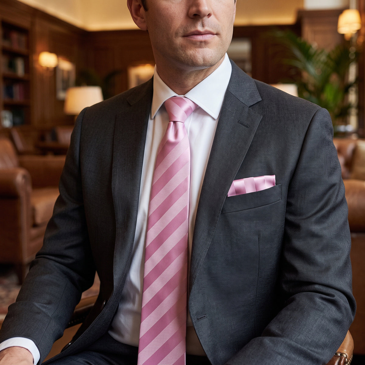 Stacy Adams Liam pink tonal stripe tie and pocket square set – indoor styling