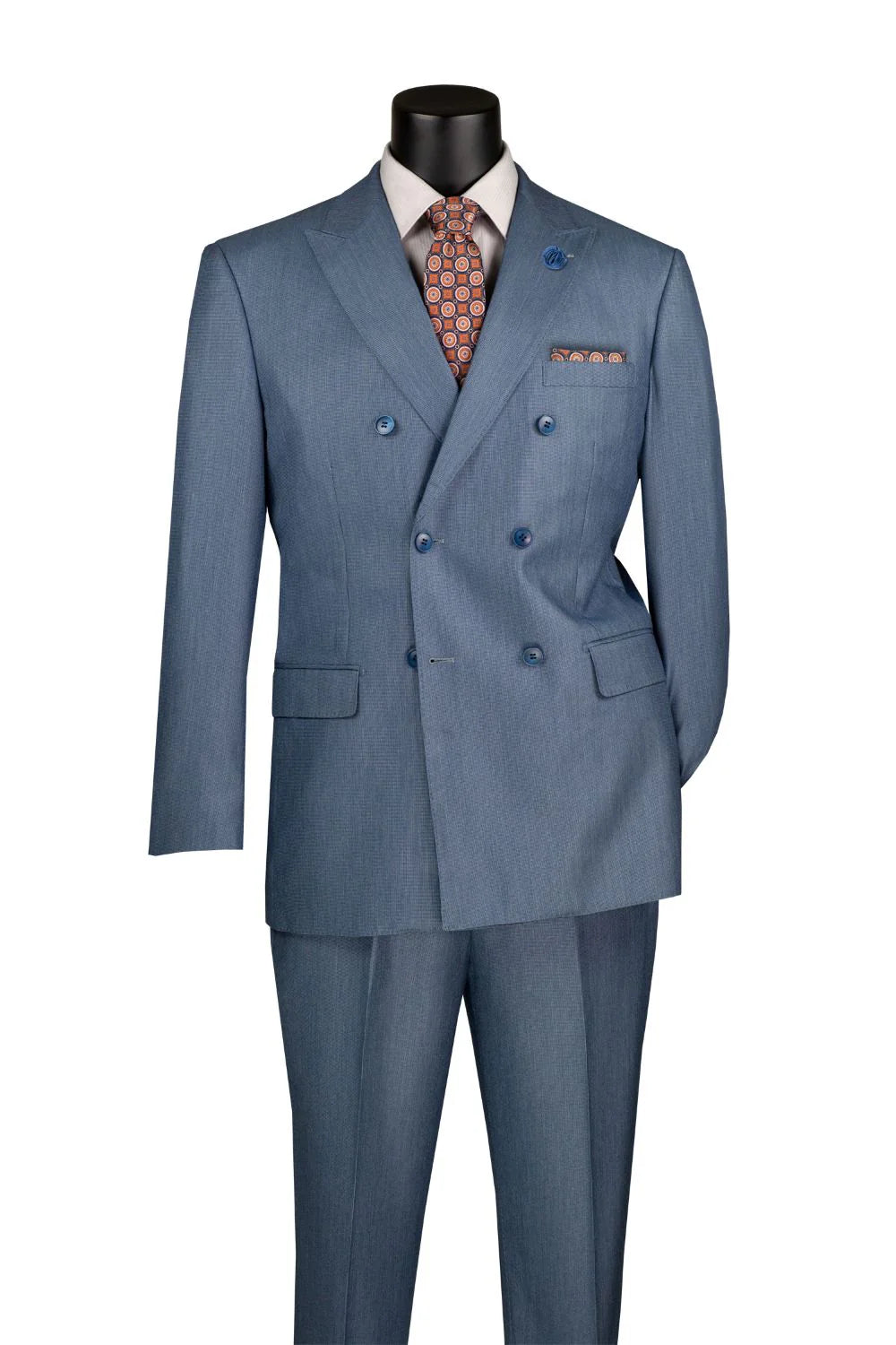 Smoke Blue Regular Fit Double-Breasted Sharkskin Suit with Peak Lapel – Upscale Men’s Fashion