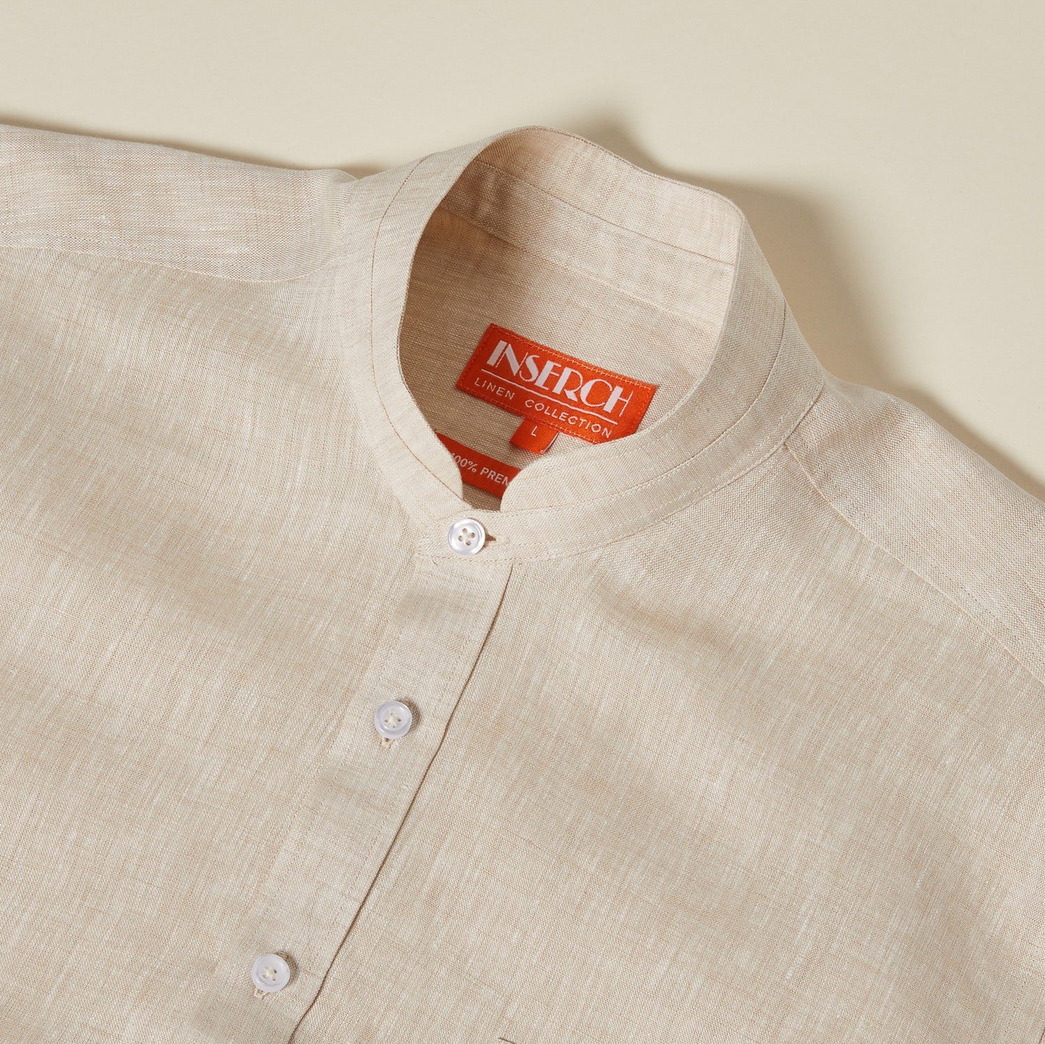 Inserch Linen Banded Collar Short Sleeve Shirt