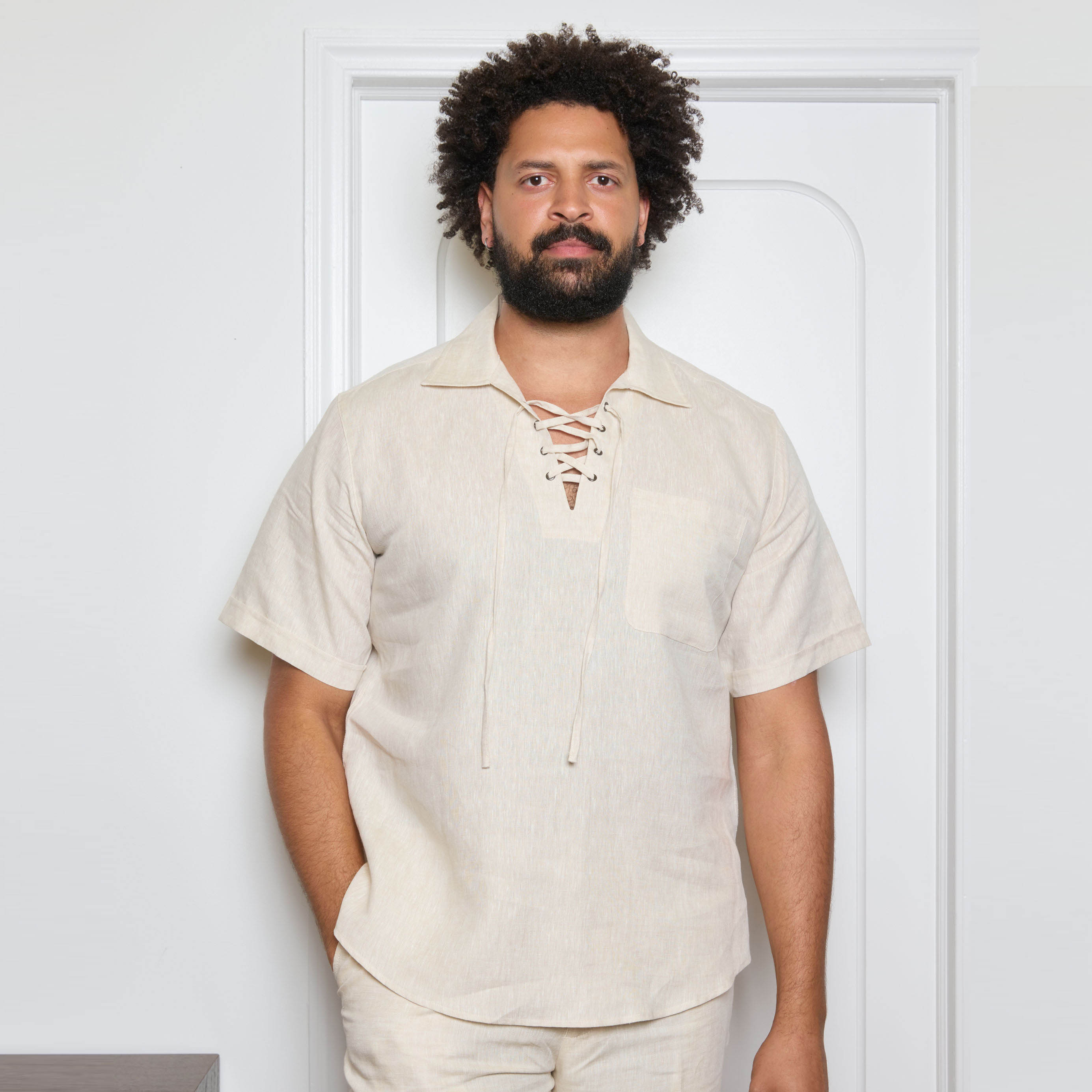 Men's 100% Linen Lace-Up Strap Pullover Shirt – Short Sleeve