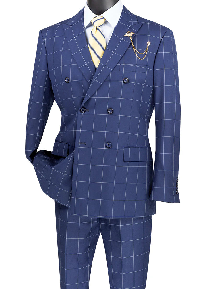 Verona Collection – Blue Modern Fit Double-Breasted Windowpane Suit