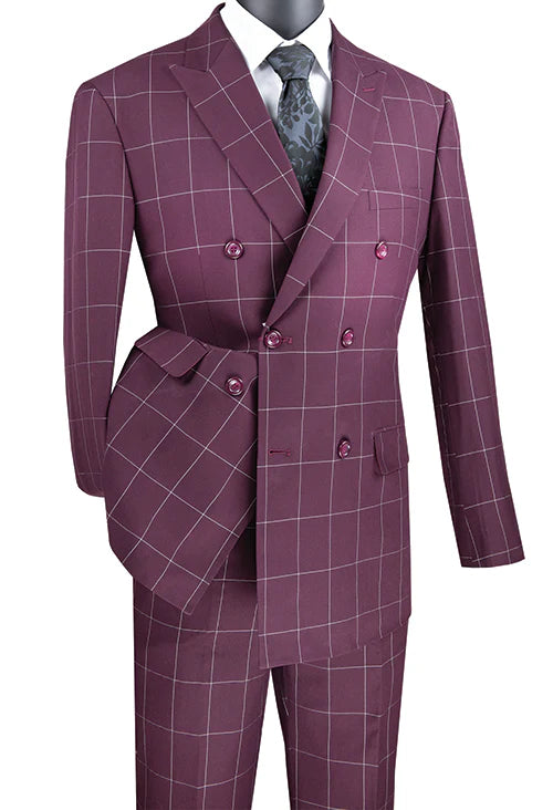 Verona Collection – Wine Modern Fit Double-Breasted Windowpane Suit