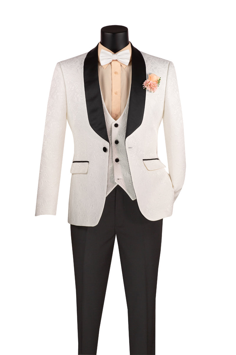 Tuxedo - White Jaquard Three Piece Slim Fit Tuxedo