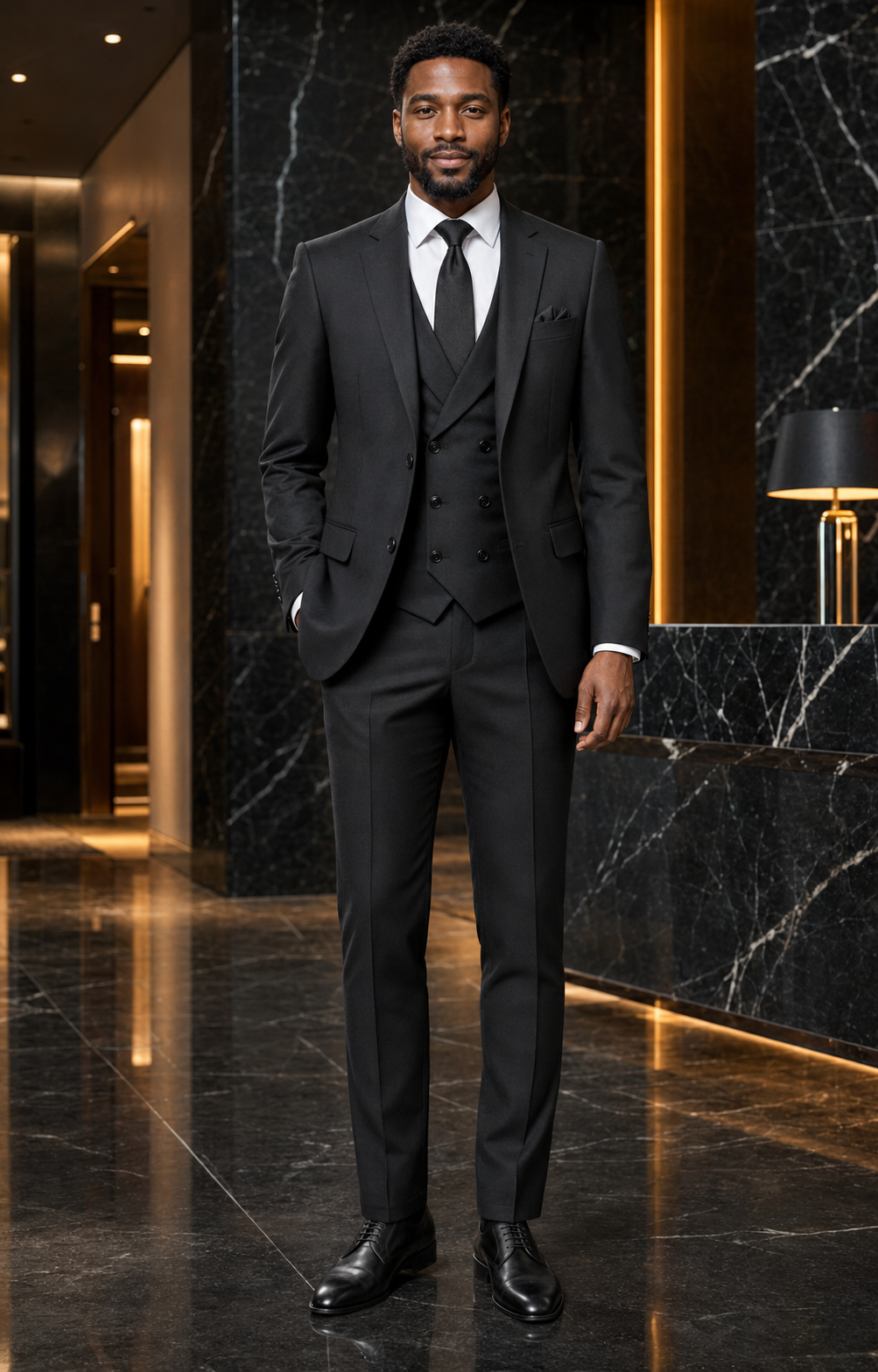 Men's Black Modern Fit Three-Piece Suit Lifestyle 1 - Altavilla Collection