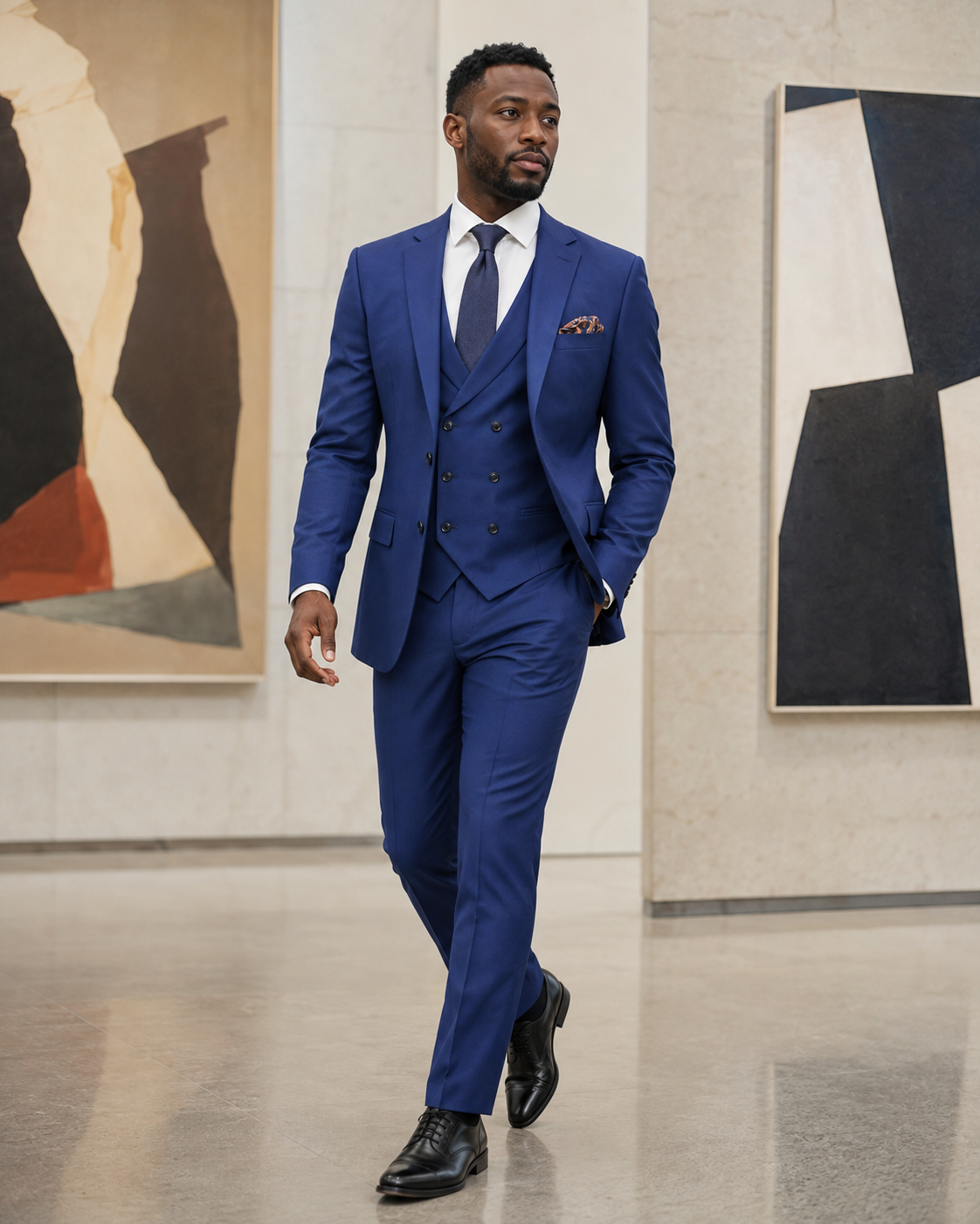 Men's Blue Modern Fit Three-Piece Suit Lifestyle 2 - Altavilla Collection