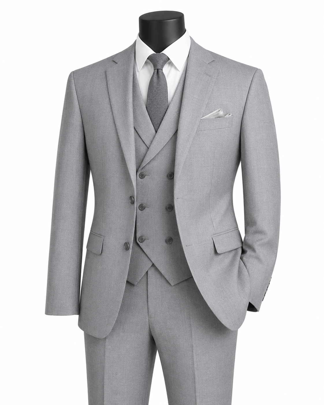 Men's Light Gray modern fit 3-piece suit with double-breasted vest - Altavilla Collection