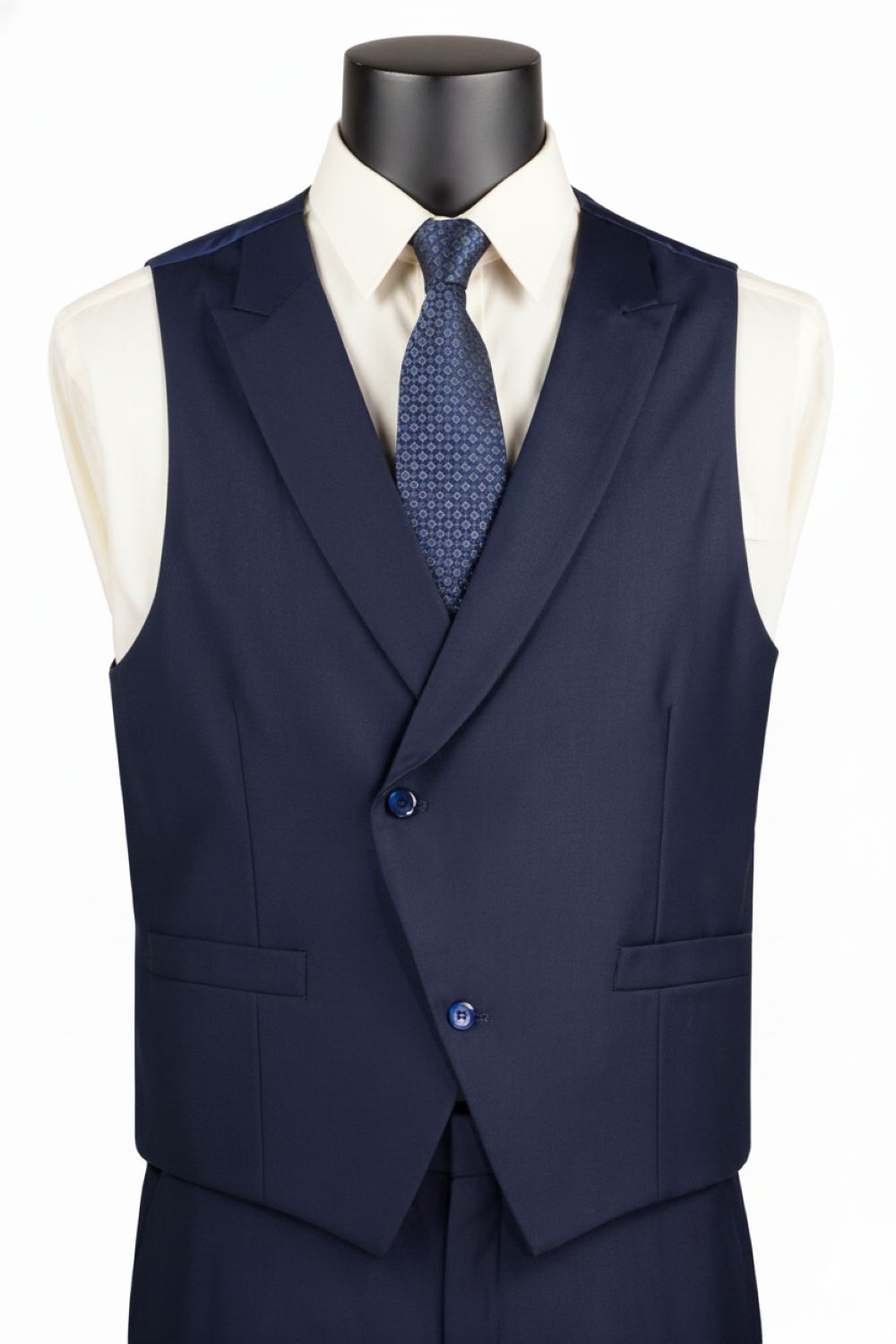 Navy double-breasted vest detail for men's Altavilla 3-piece suit
