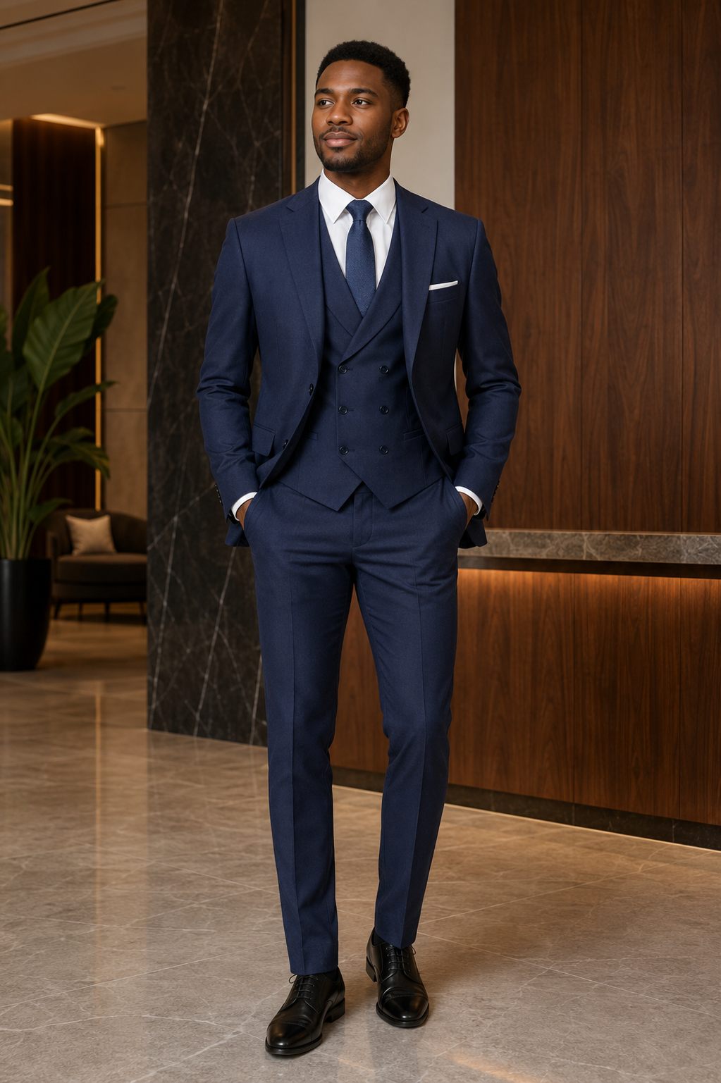 Men's Navy Modern Fit Three-Piece Suit Lifestyle 1 - Altavilla Collection