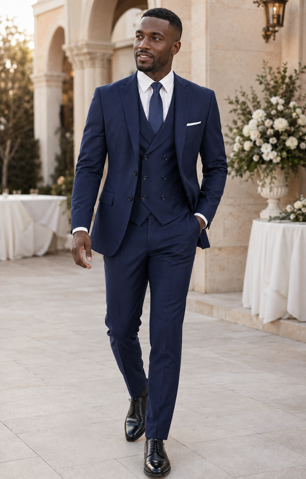 Men's Navy Modern Fit Three-Piece Suit Lifestyle 2 - Altavilla Collection