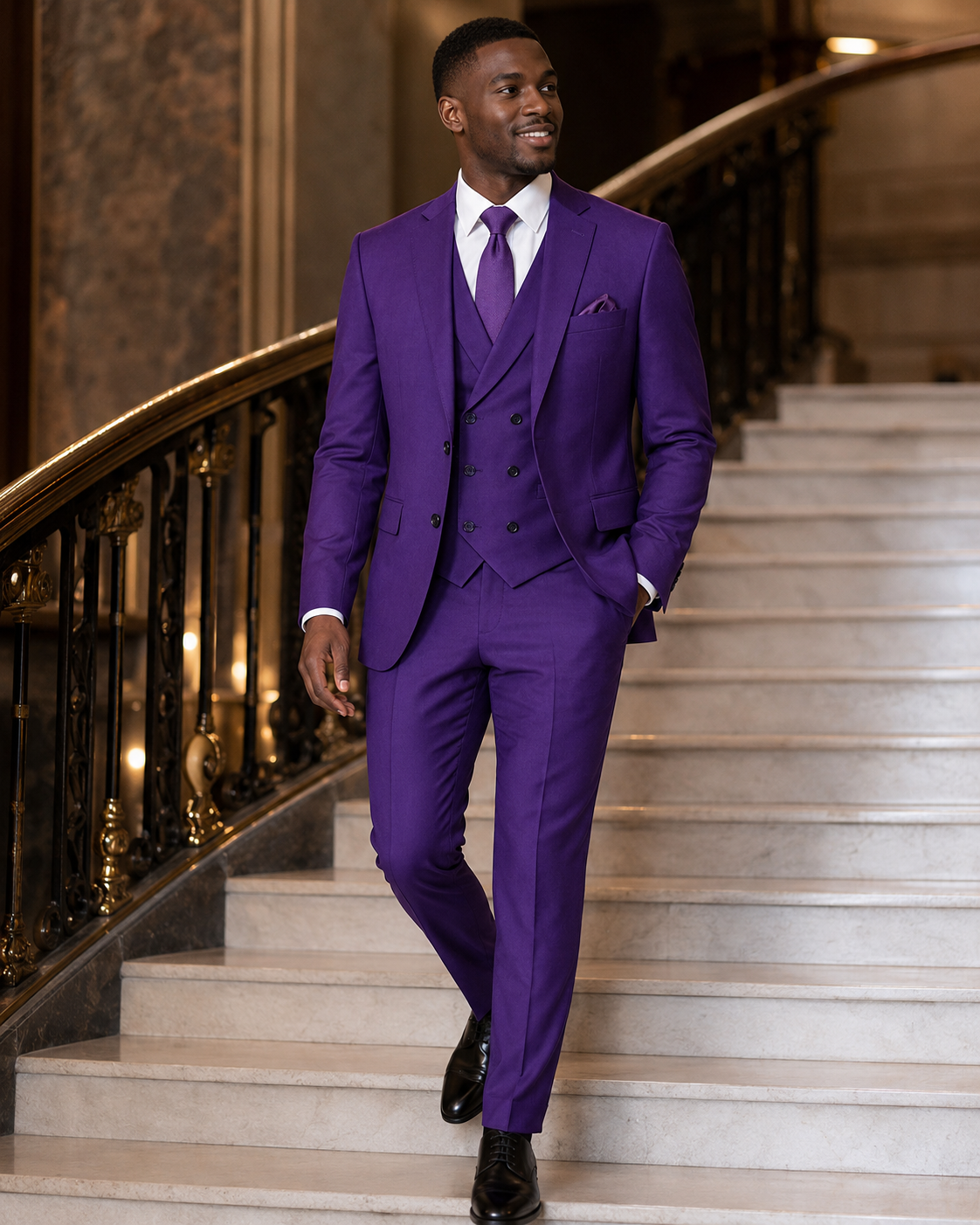 Men's Purple Modern Fit Three-Piece Suit Lifestyle 2 - Altavilla Collection