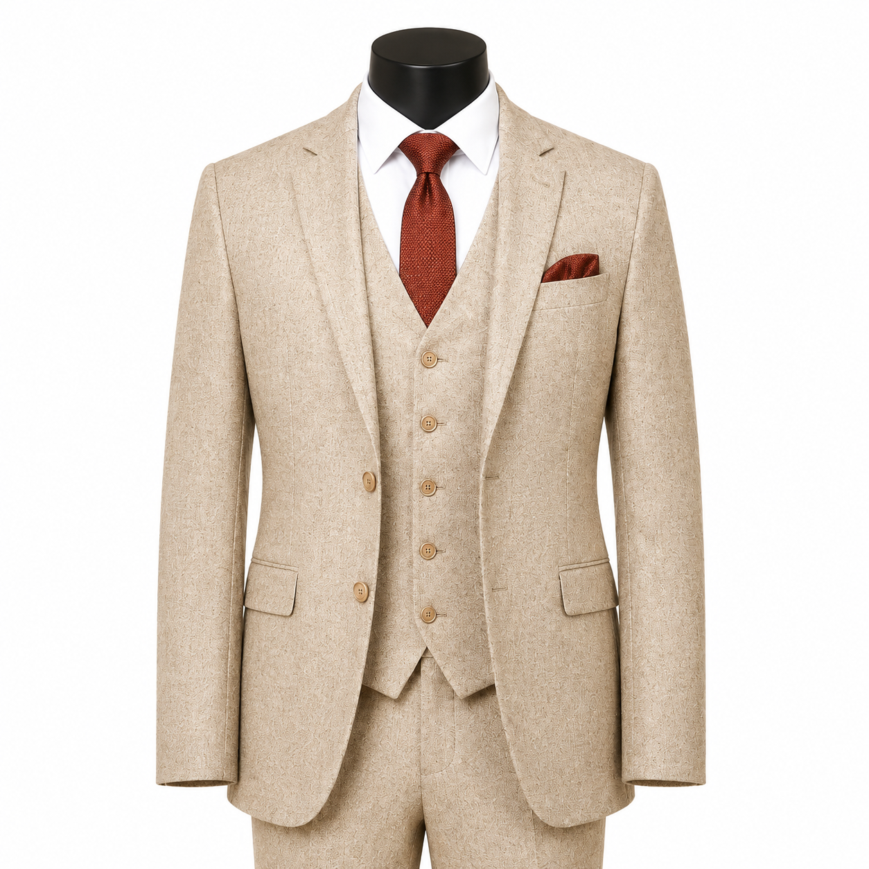 Men's Beige hybrid fit three-piece tweed suit on black mannequin