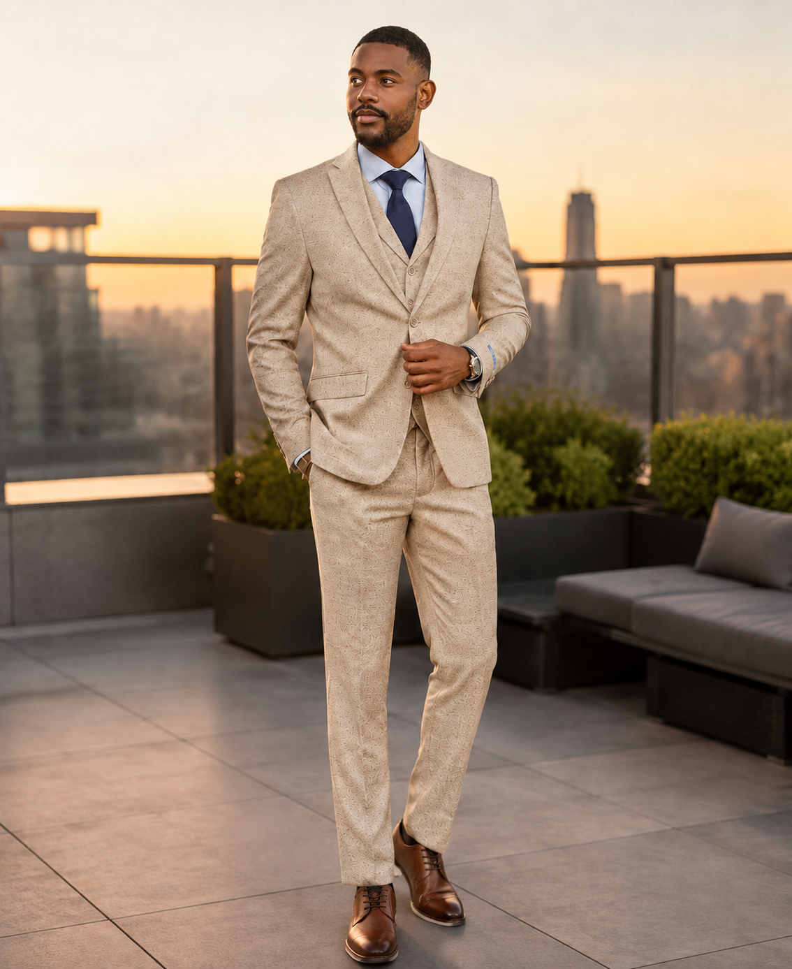 Men's Beige three-piece tweed suit on a rooftop at sunset