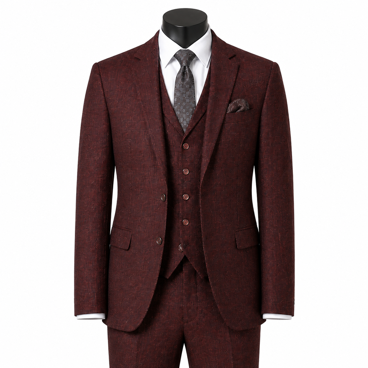Men's Burgundy hybrid fit three-piece tweed suit on black mannequin
