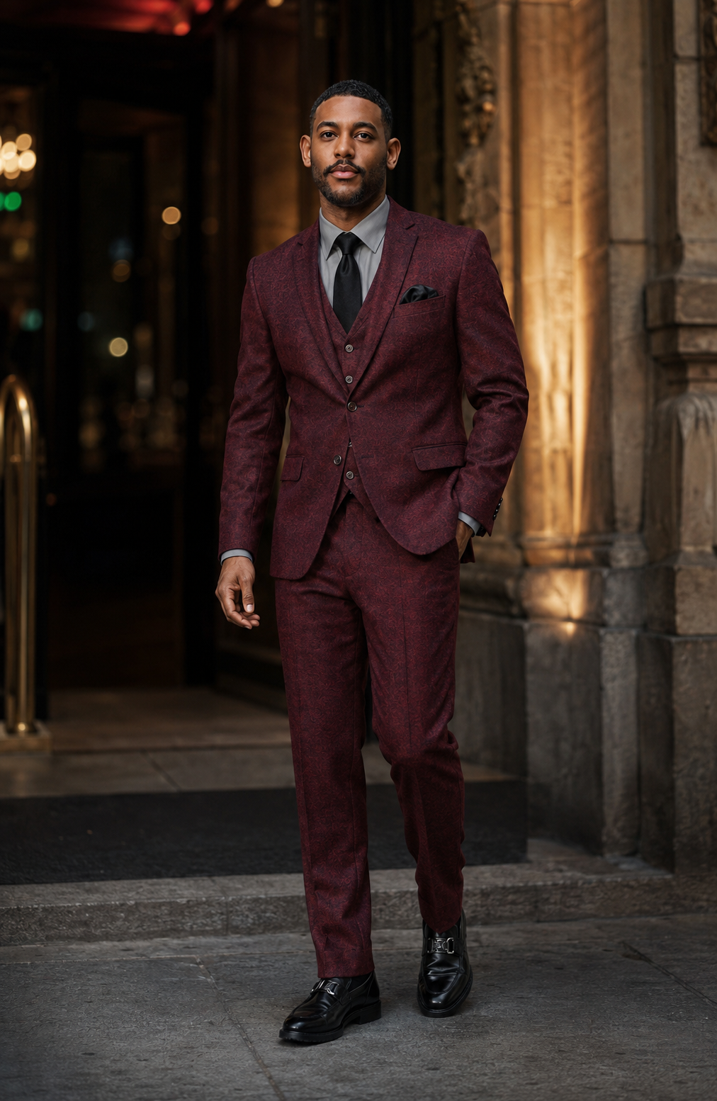 Men's Burgundy three-piece tweed suit at an evening entrance