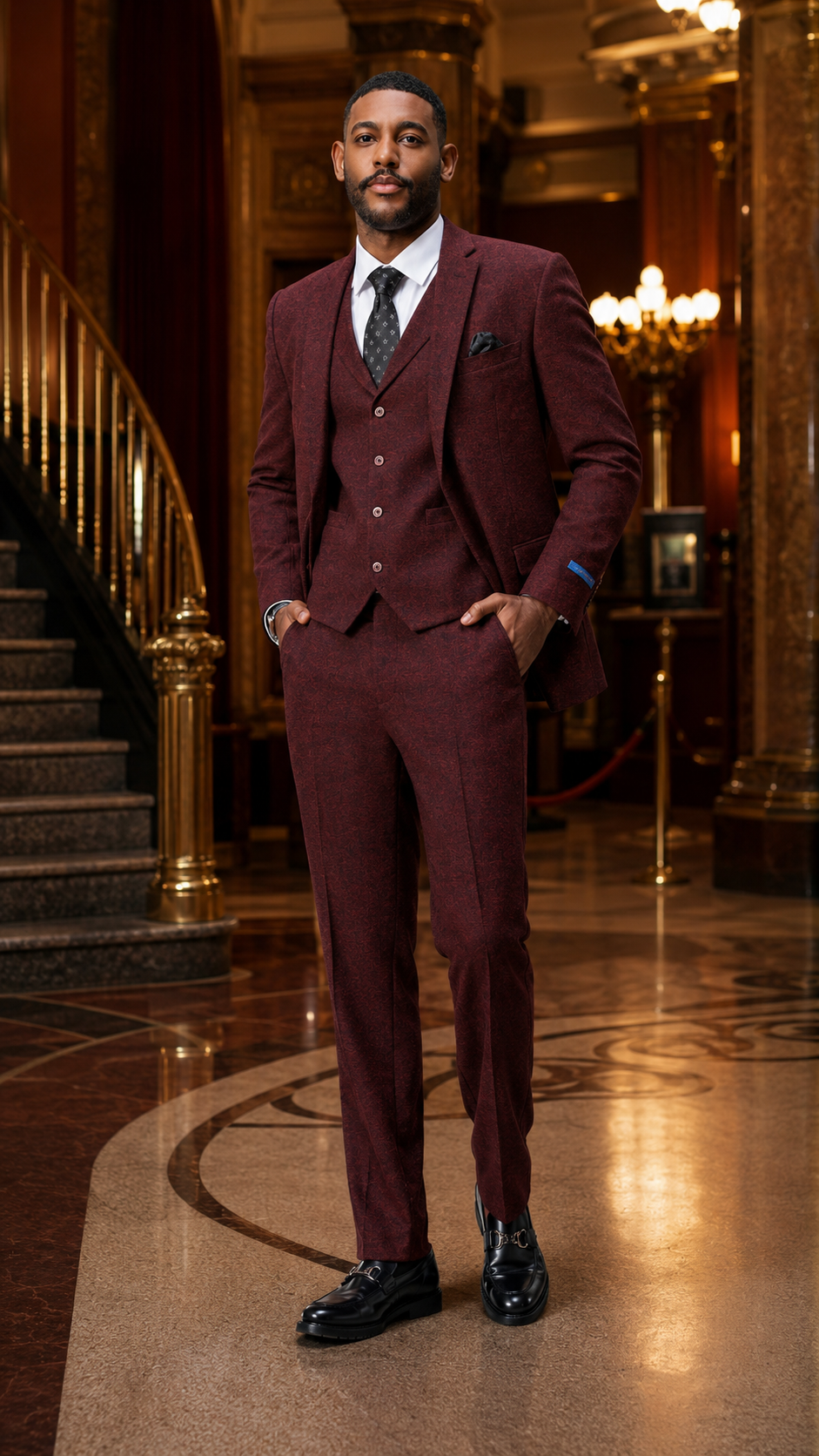 Men's Burgundy three-piece tweed suit in a theater foyer