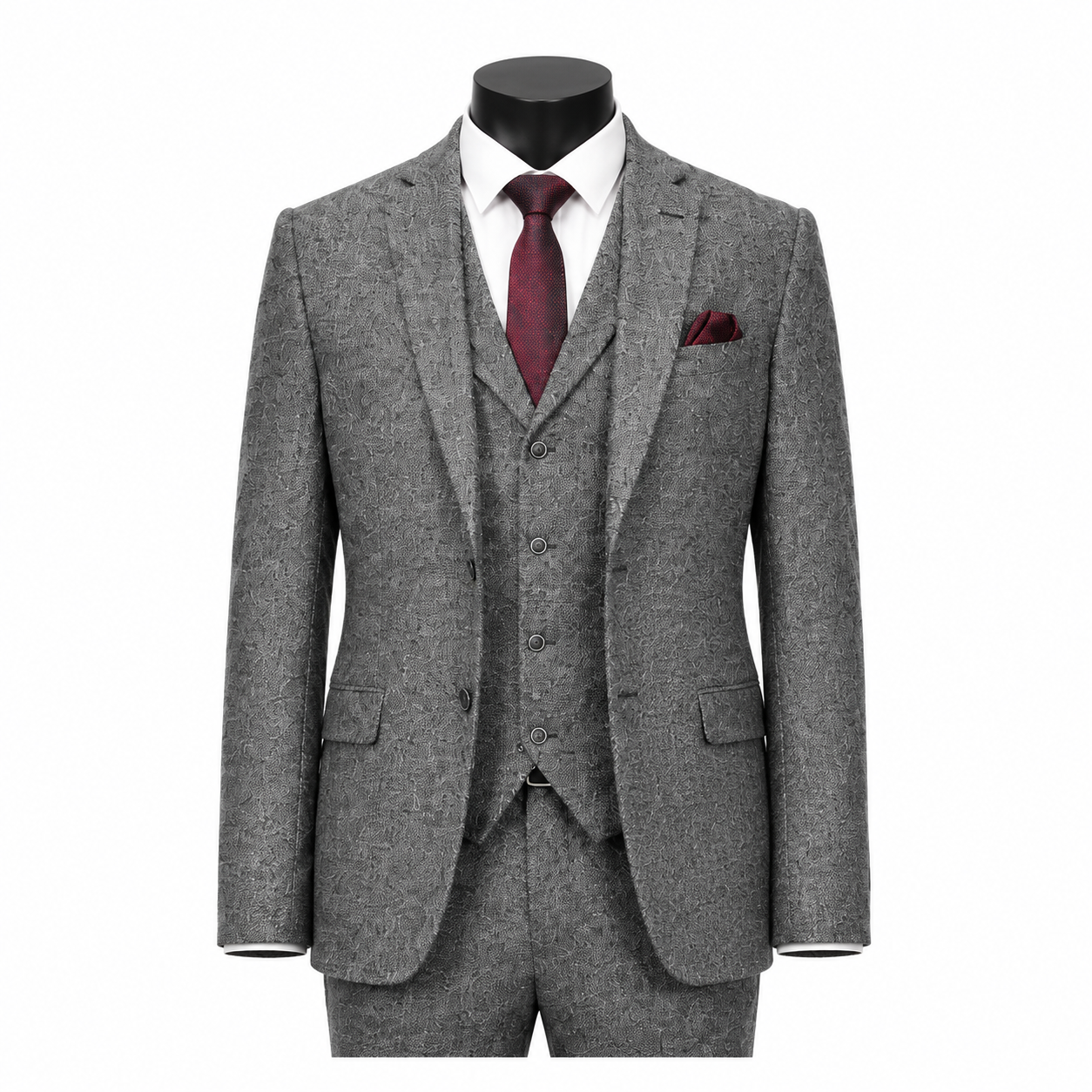 Men's Grey hybrid fit three-piece tweed suit on black mannequin