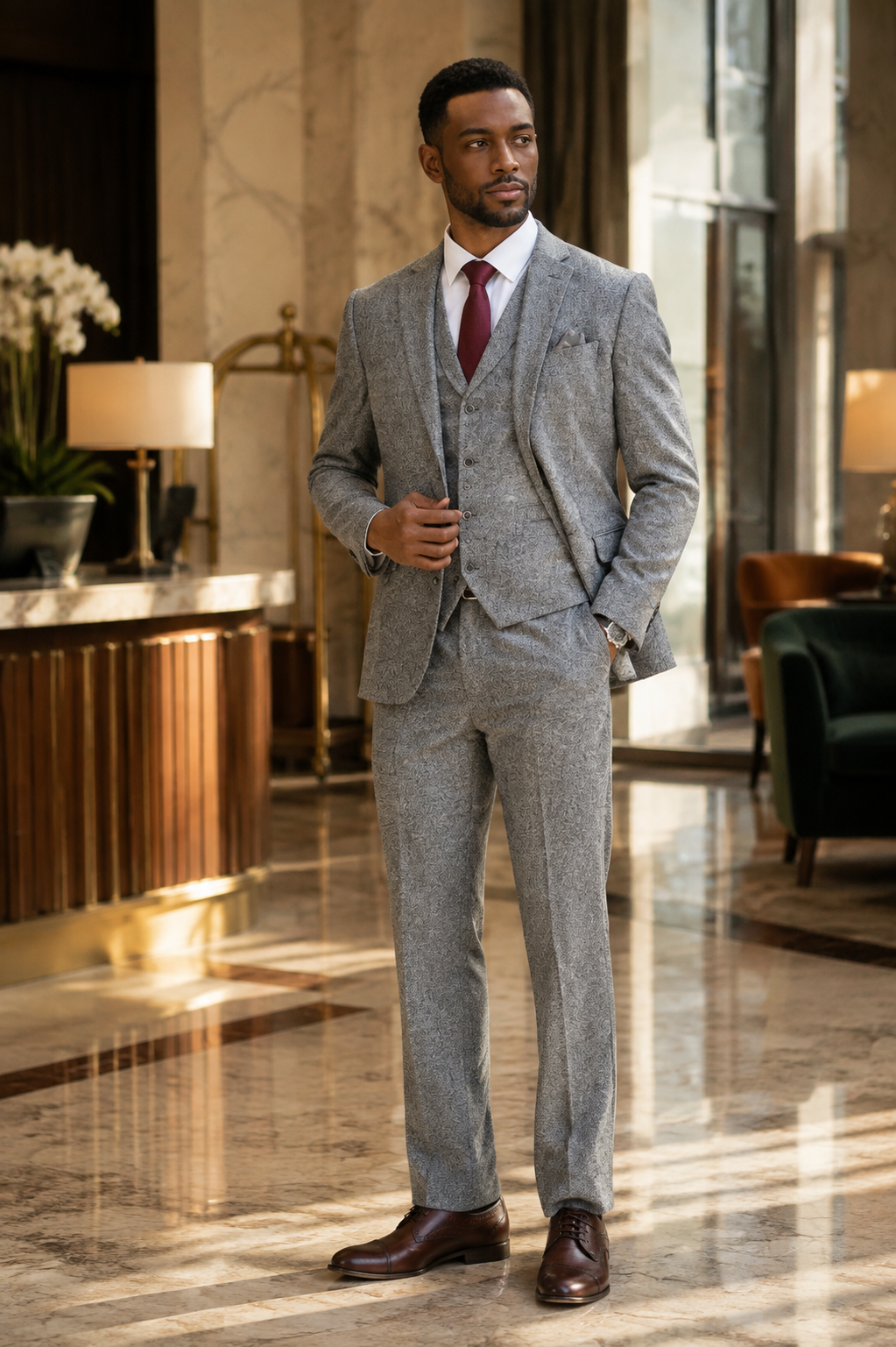 Men's Grey three-piece tweed suit in a hotel lobby