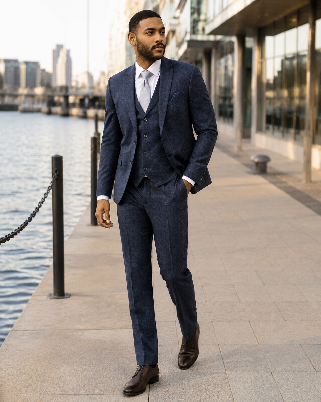 Men's Navy three-piece tweed suit at a modern waterfront