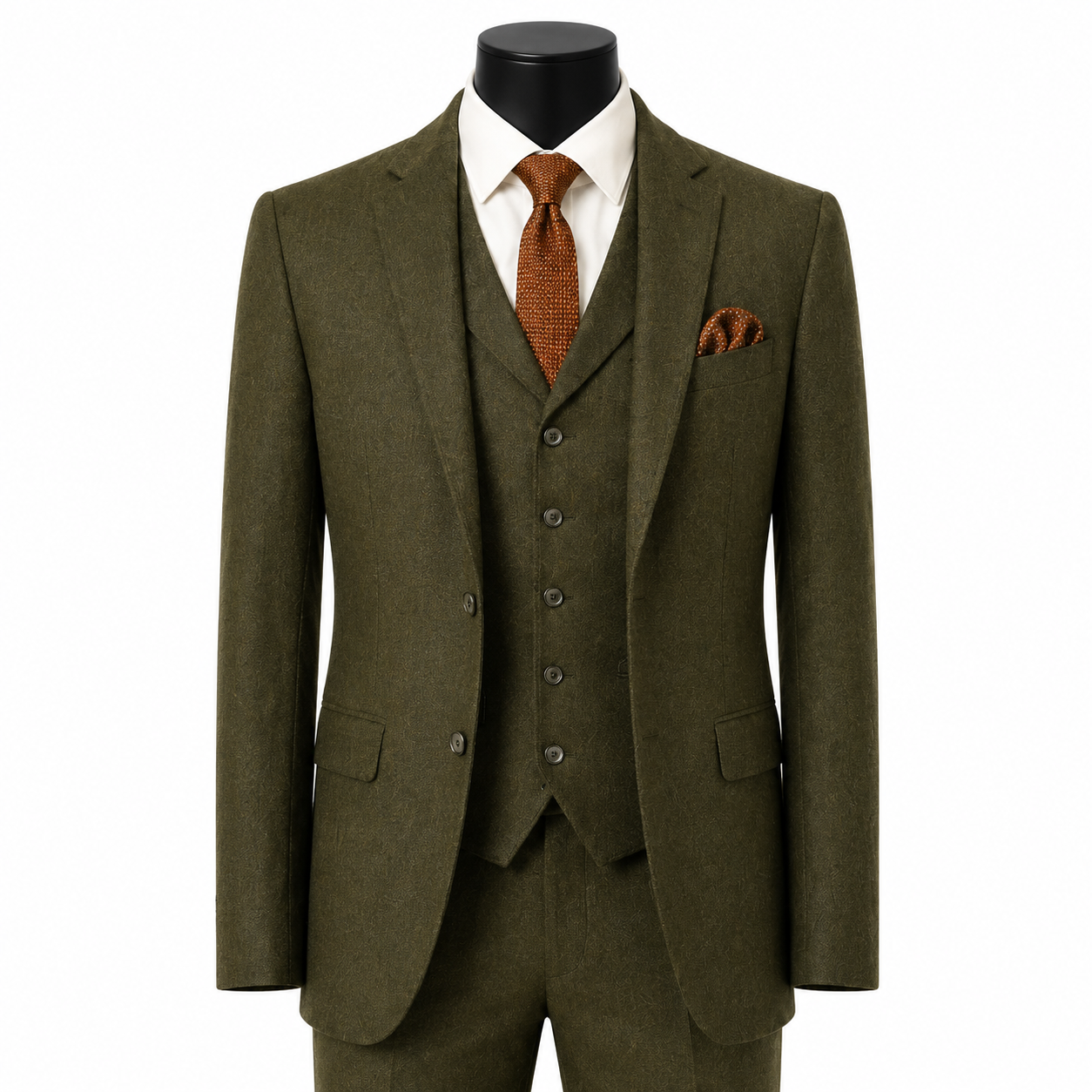Men's Olive hybrid fit three-piece tweed suit on black mannequin