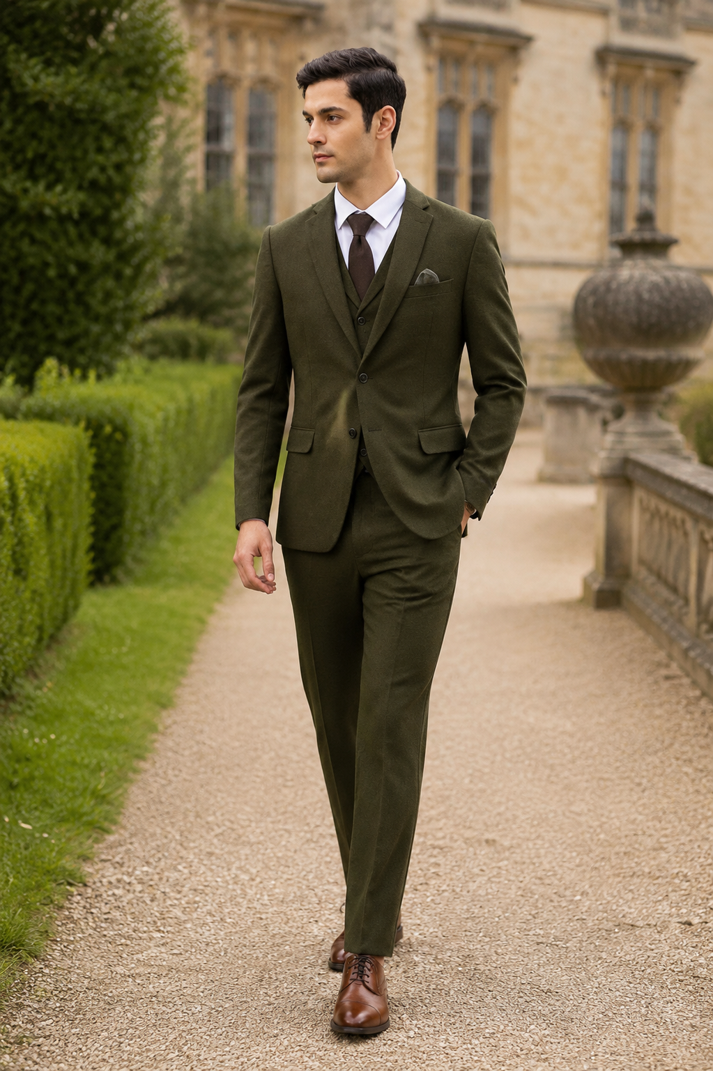 Men's Olive three-piece tweed suit on an estate walkway