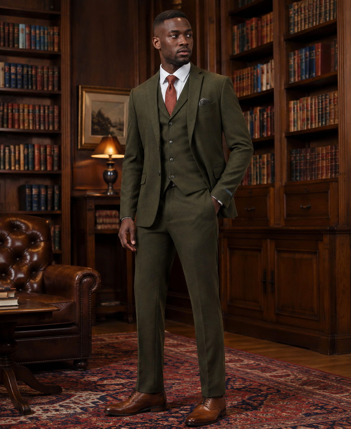 Men's Olive three-piece tweed suit in a library