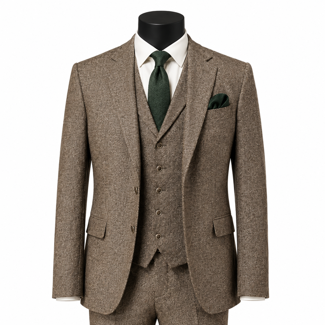 Men's Tan hybrid fit three-piece tweed suit on black mannequin