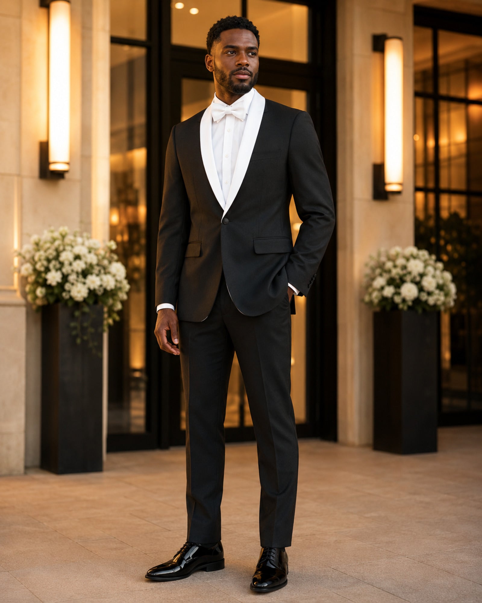 Man wearing the Black Aurelio slim fit tuxedo at an elegant wedding venue