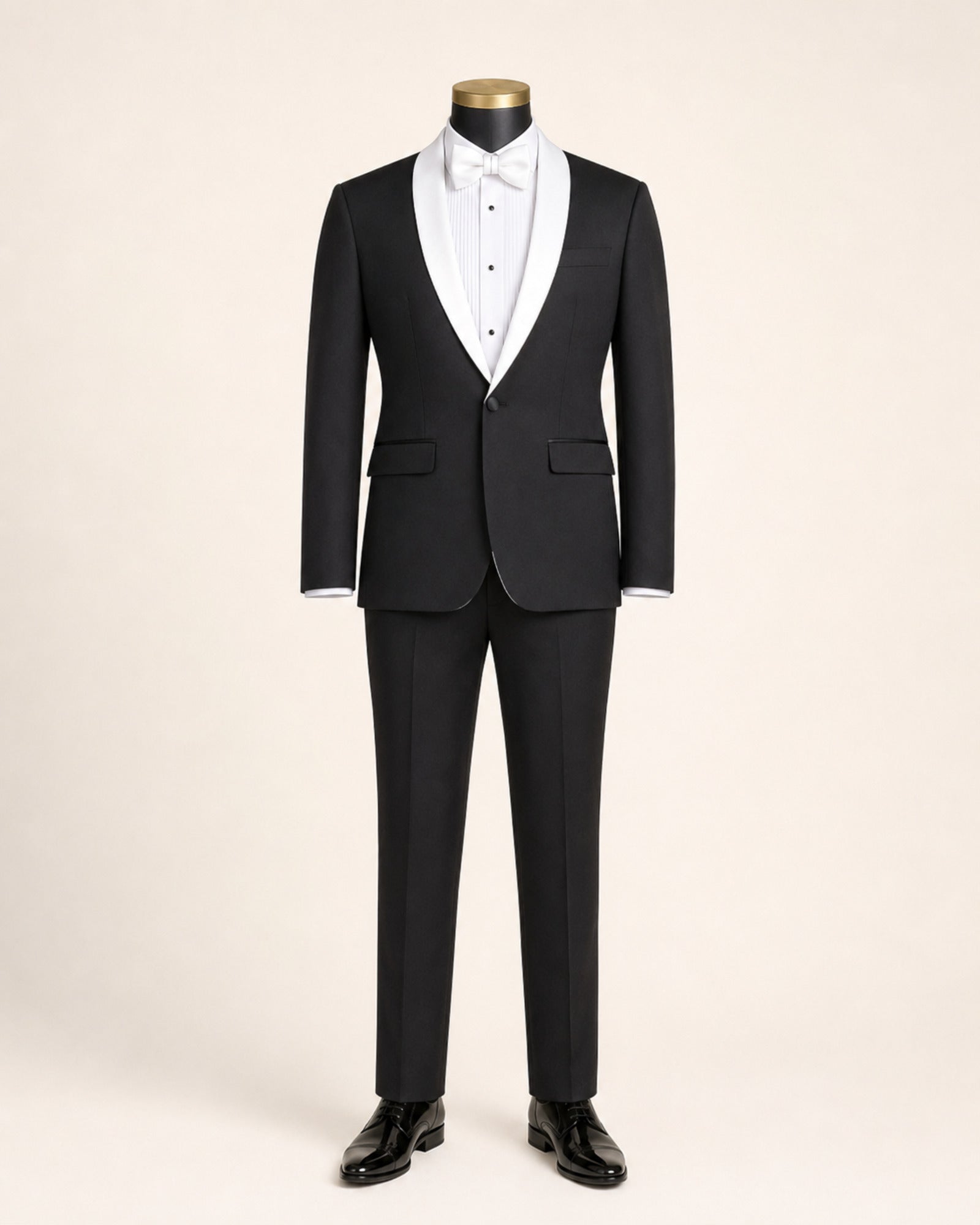 Men's Black Aurelio slim fit 2-piece shawl lapel tuxedo on black gold-top mannequin