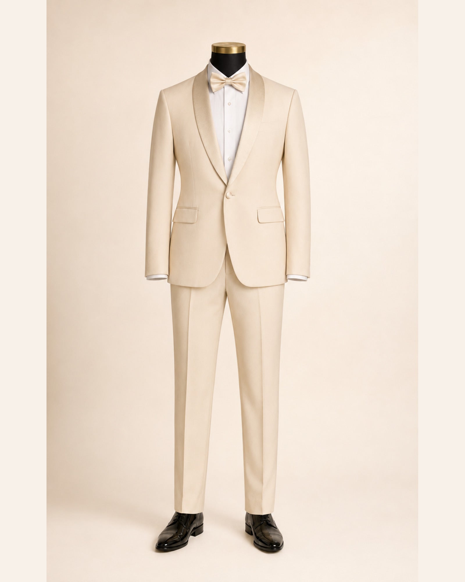 Men's Champagne Beige Aurelio slim fit 2-piece shawl lapel tuxedo on black gold-top mannequin