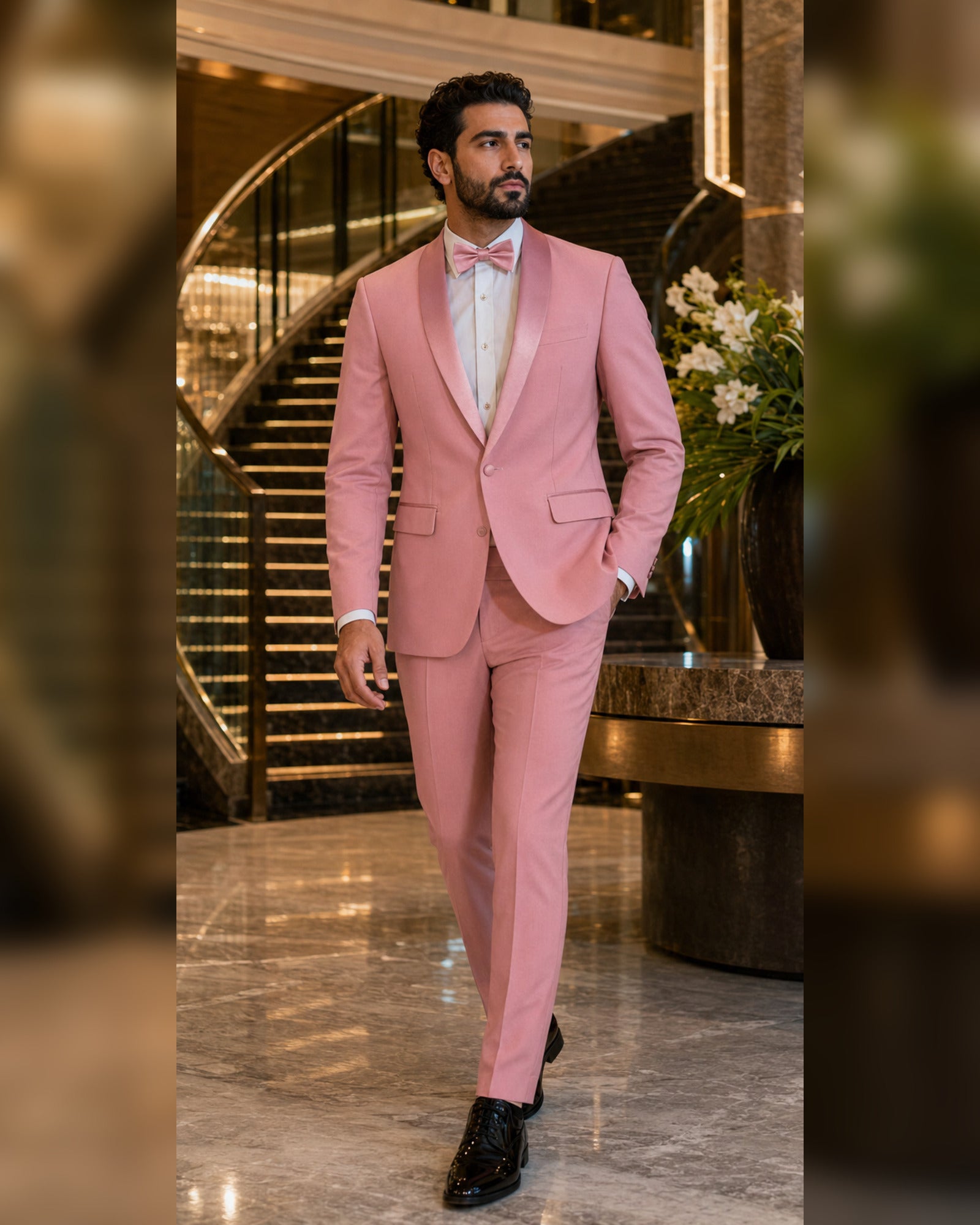 Man wearing the Dusty Rose Aurelio slim fit tuxedo in a luxury hotel