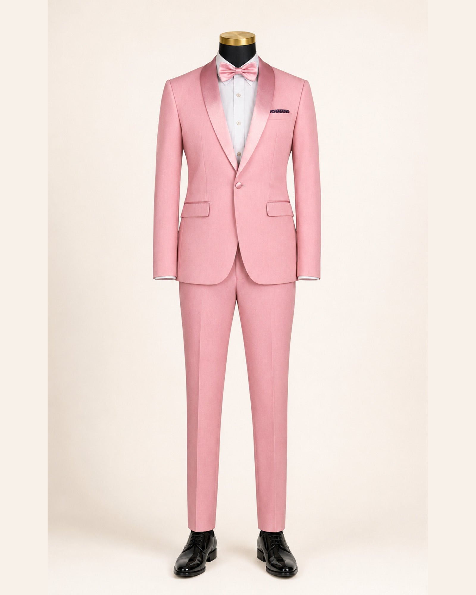 Men's Dusty Rose Aurelio slim fit 2-piece shawl lapel tuxedo on black gold-top mannequin