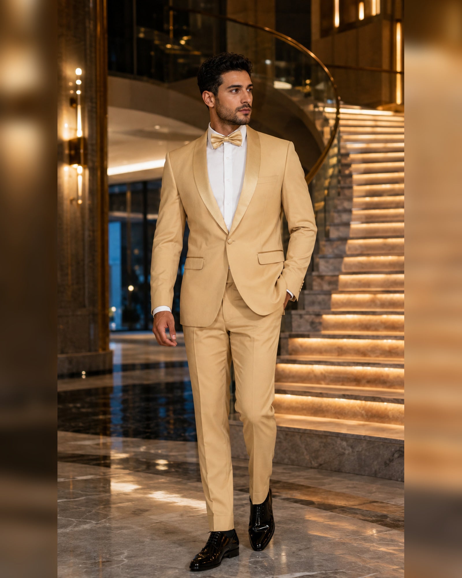 Man wearing the Light Gold Aurelio slim fit tuxedo in a luxury hotel