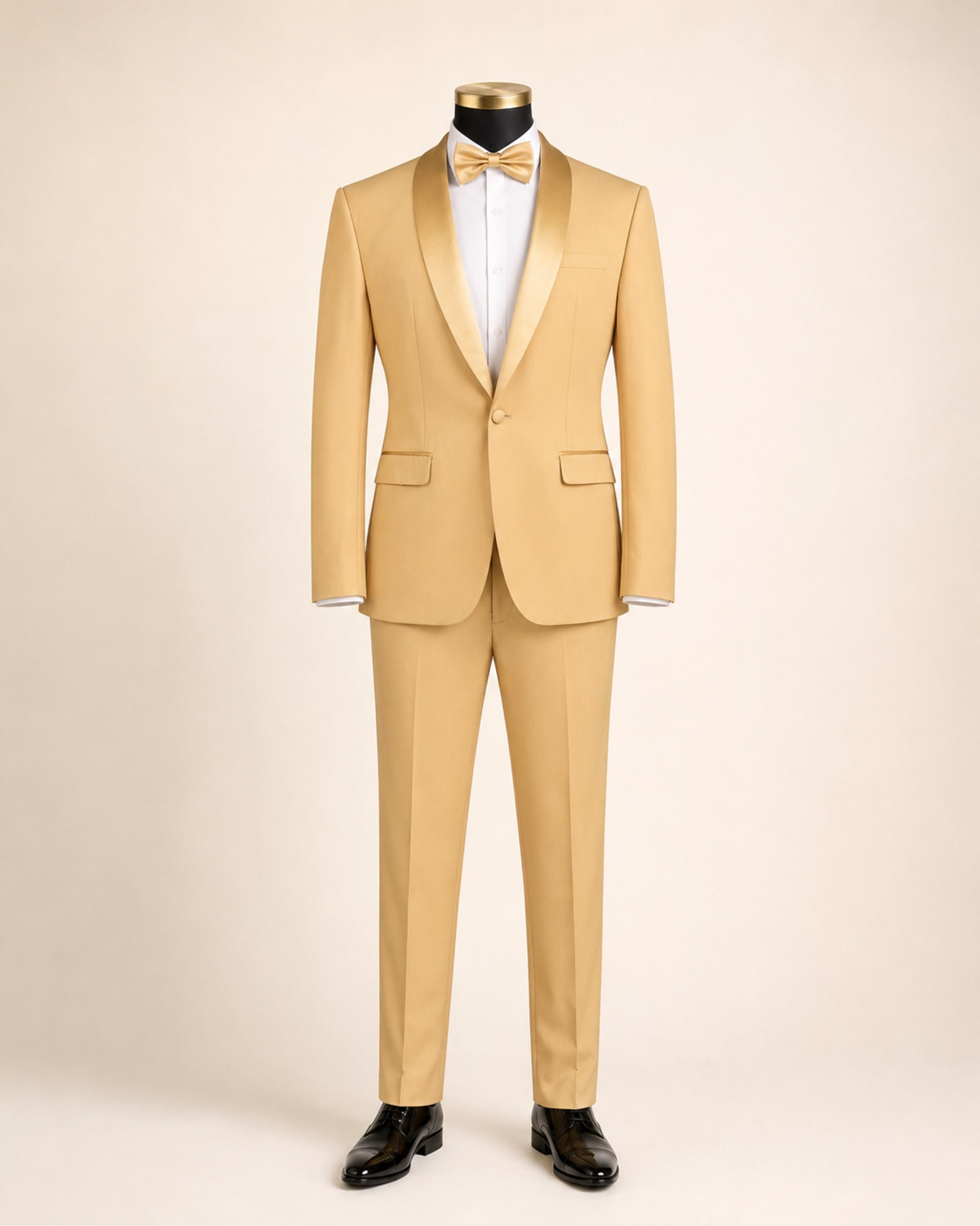 Men's Light Gold Aurelio slim fit 2-piece shawl lapel tuxedo on black gold-top mannequin