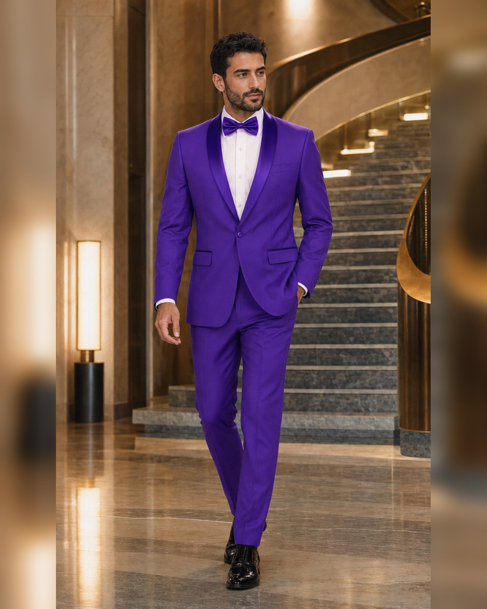 Man wearing the Royal Purple Aurelio slim fit tuxedo in a luxury hotel