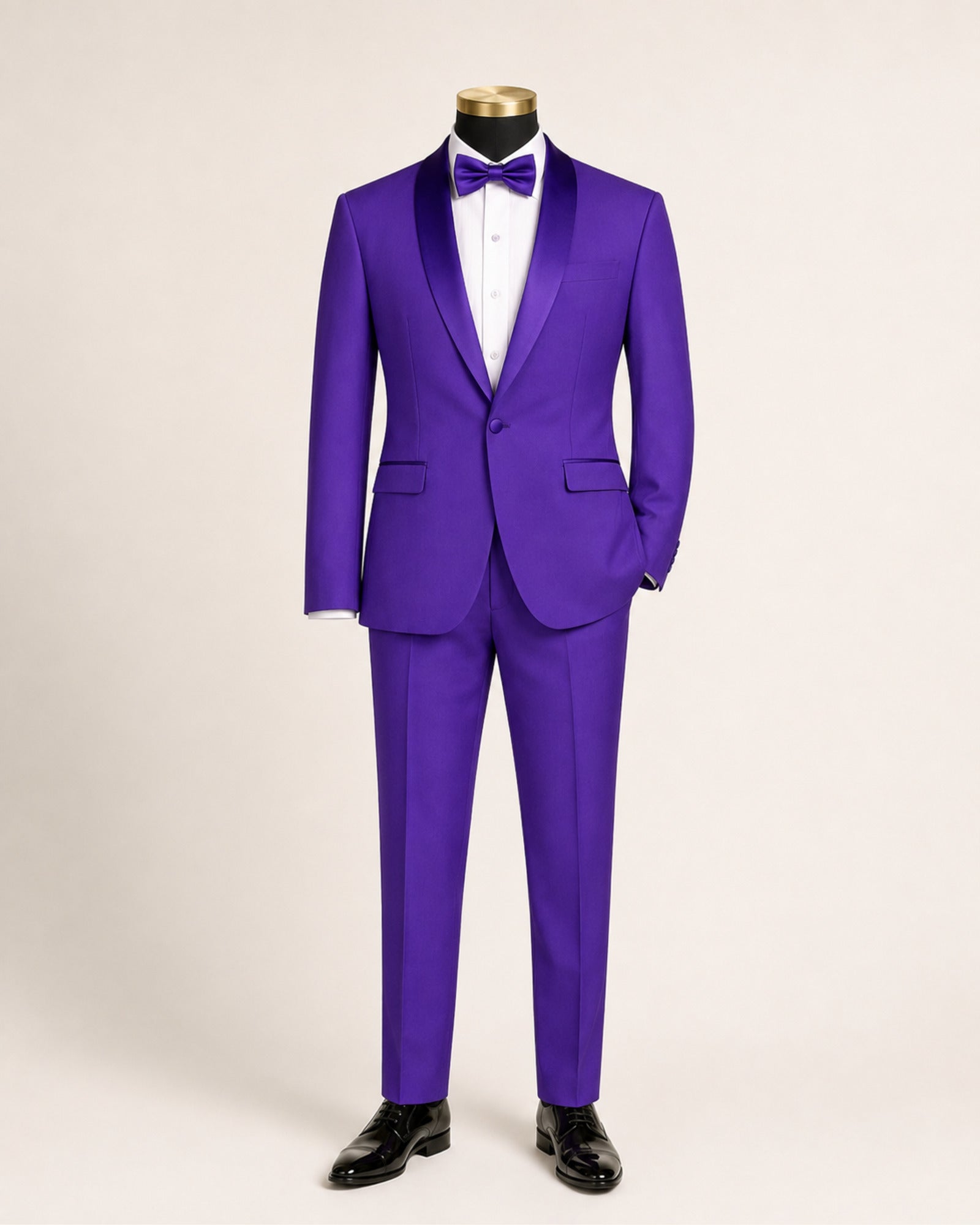 Men's Royal Purple Aurelio slim fit 2-piece shawl lapel tuxedo on black gold-top mannequin