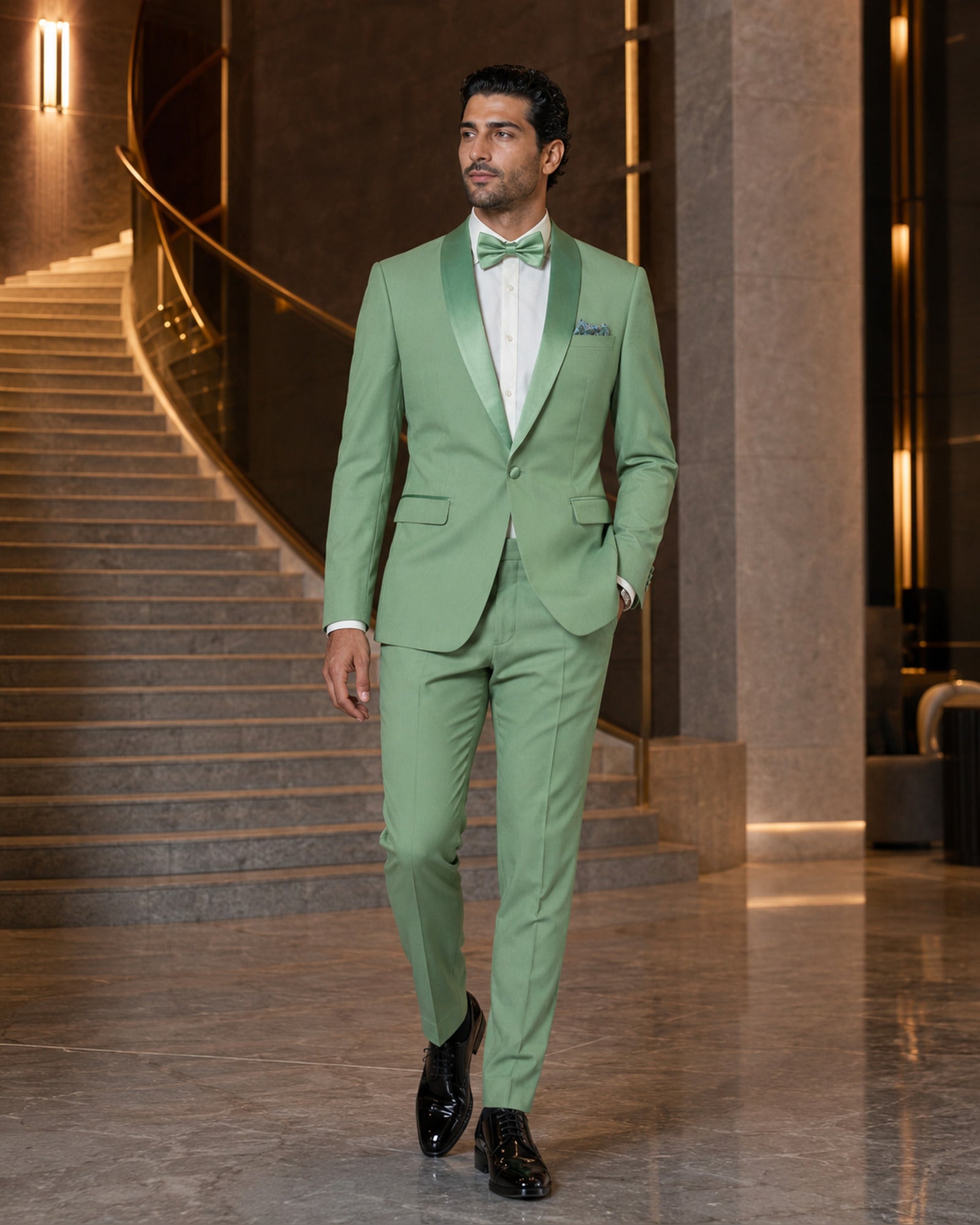 Man wearing the Sage Green Aurelio slim fit tuxedo in a luxury hotel