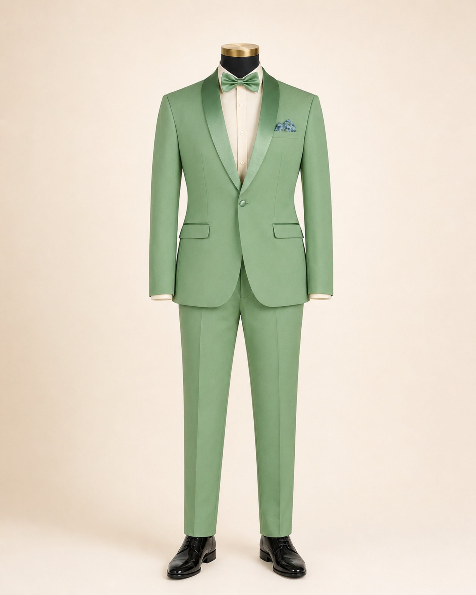 Men's Sage Green Aurelio slim fit 2-piece shawl lapel tuxedo on black gold-top mannequin