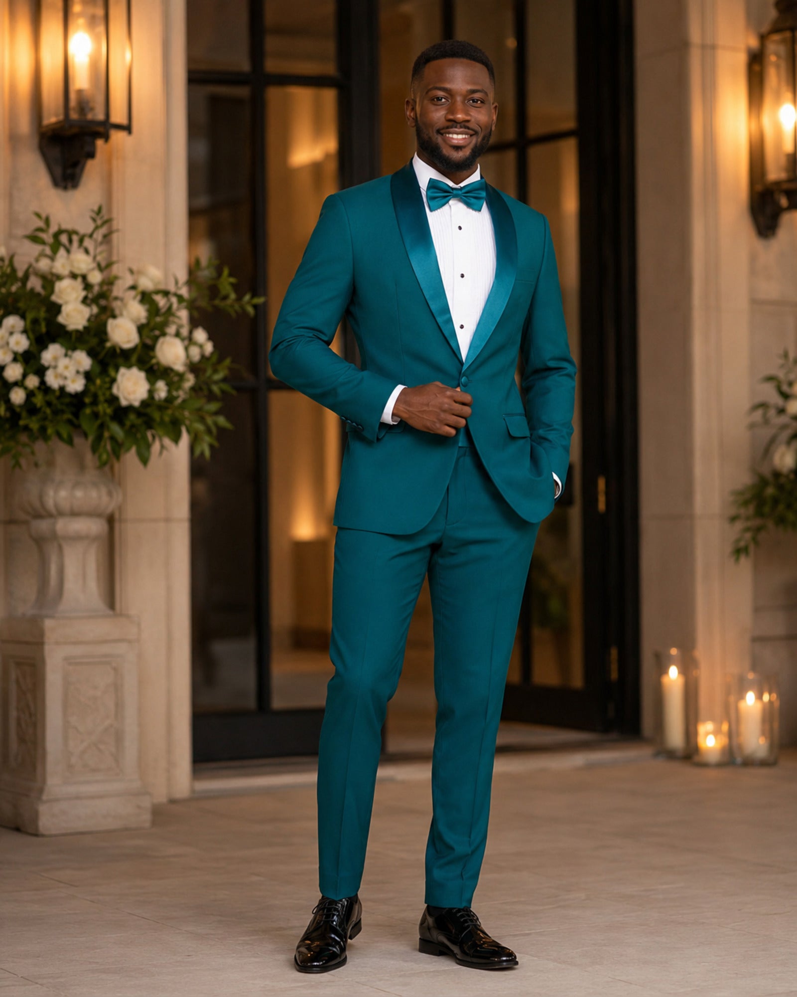 Man wearing the Teal Aurelio slim fit tuxedo at an elegant wedding venue