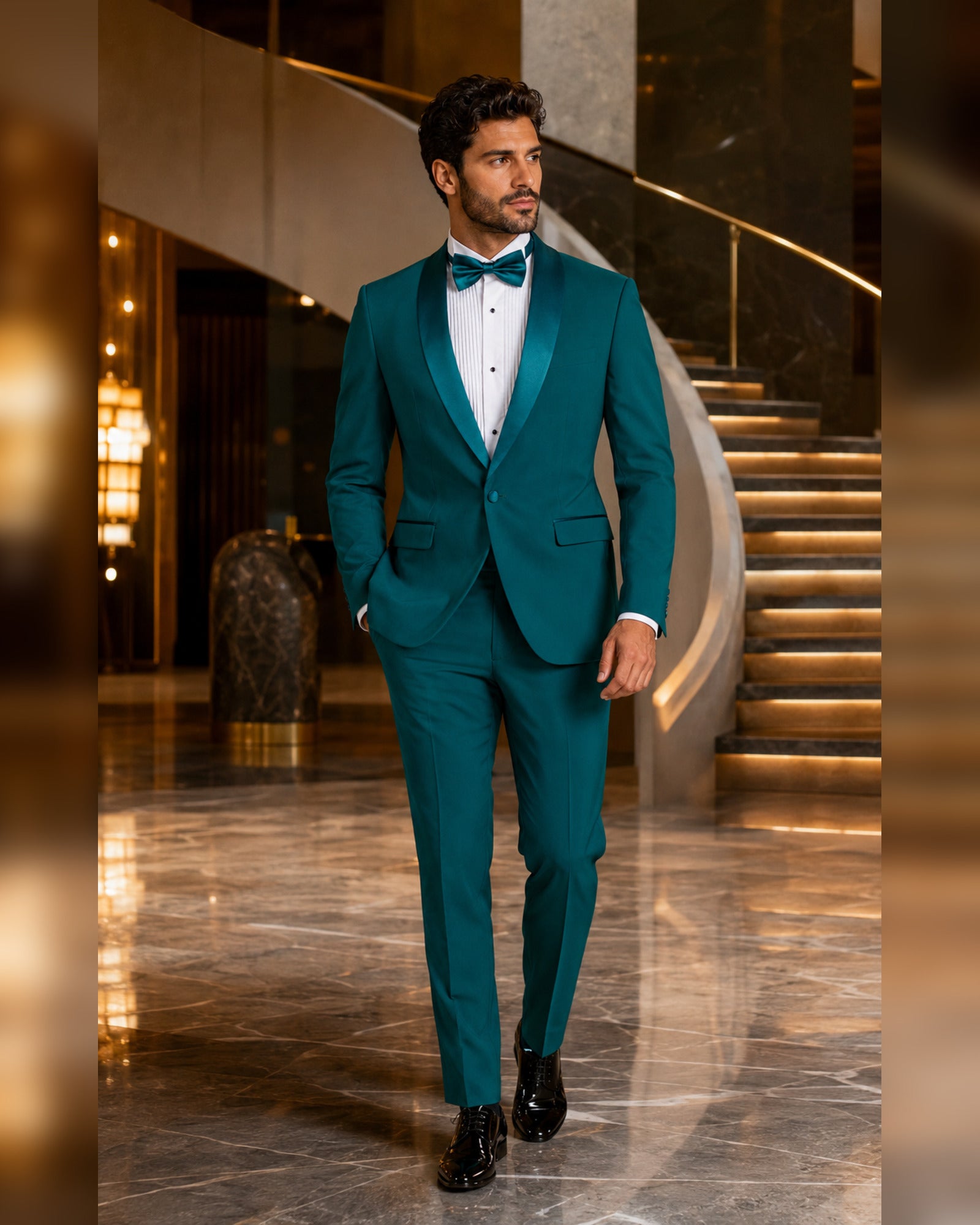 Man wearing the Teal Aurelio slim fit tuxedo in a luxury hotel