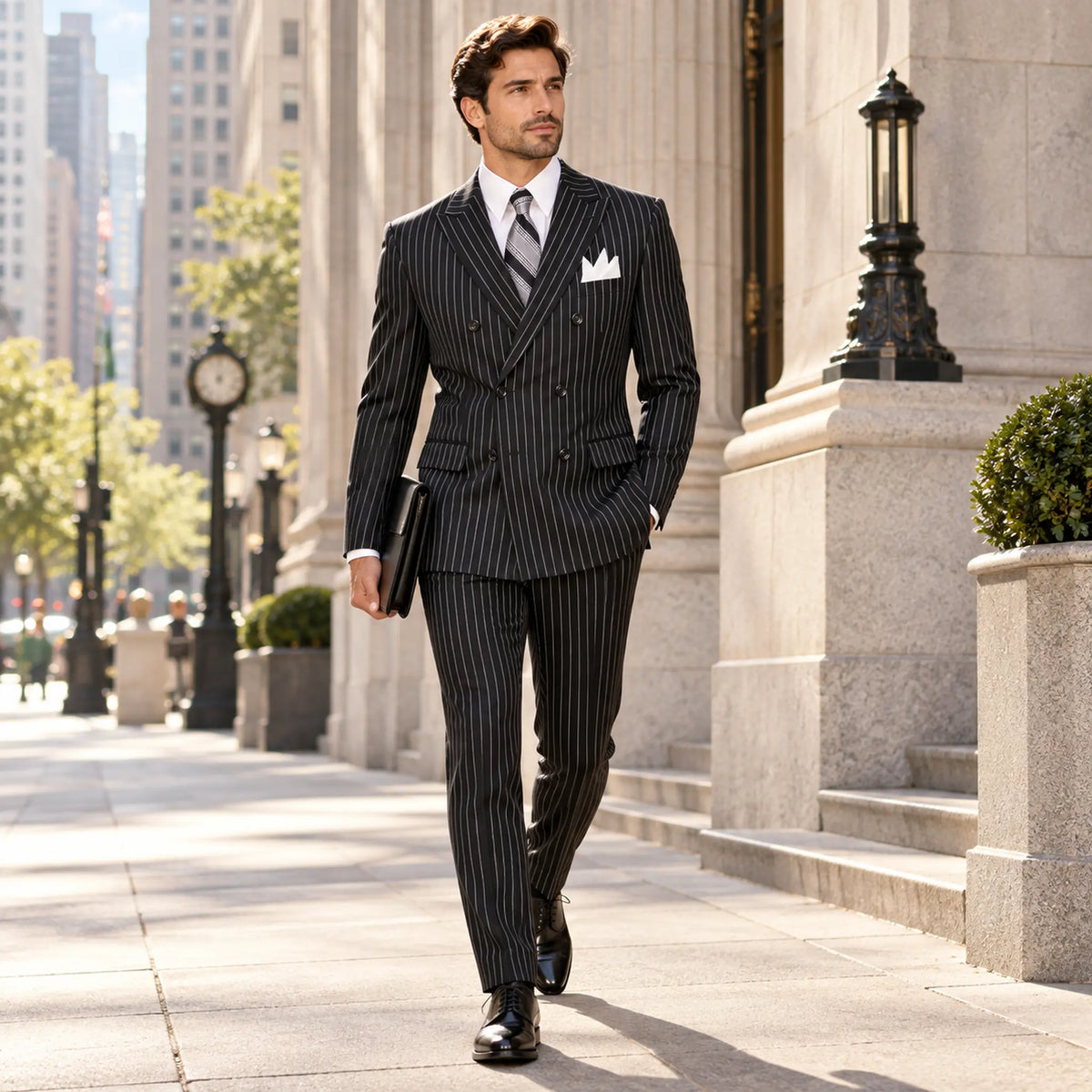 Black Pinstripe Regular Fit Double-Breasted Suit – Banker Collection - Upscale Men's Fashion