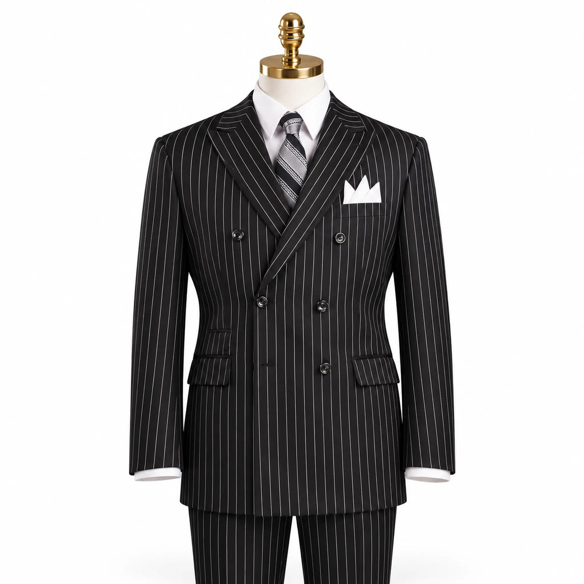 Black Pinstripe Regular Fit Double-Breasted Suit – Banker Collection - Upscale Men's Fashion