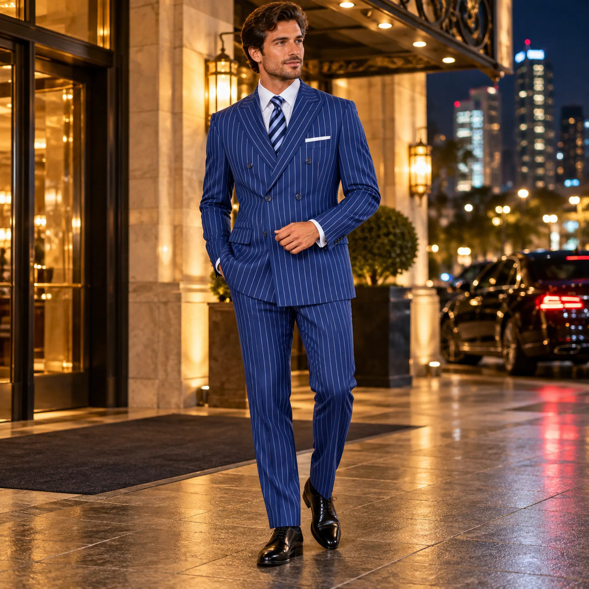 Blue Pinstripe Regular Fit Double-Breasted Suit – Banker Collection - Upscale Men's Fashion