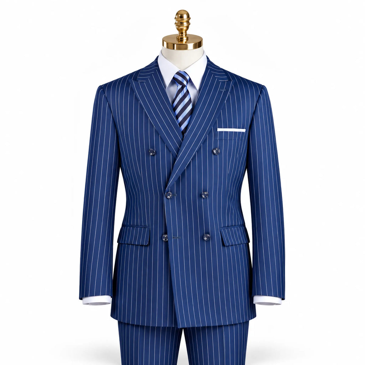 Blue Pinstripe Regular Fit Double-Breasted Suit – Banker Collection - Upscale Men's Fashion