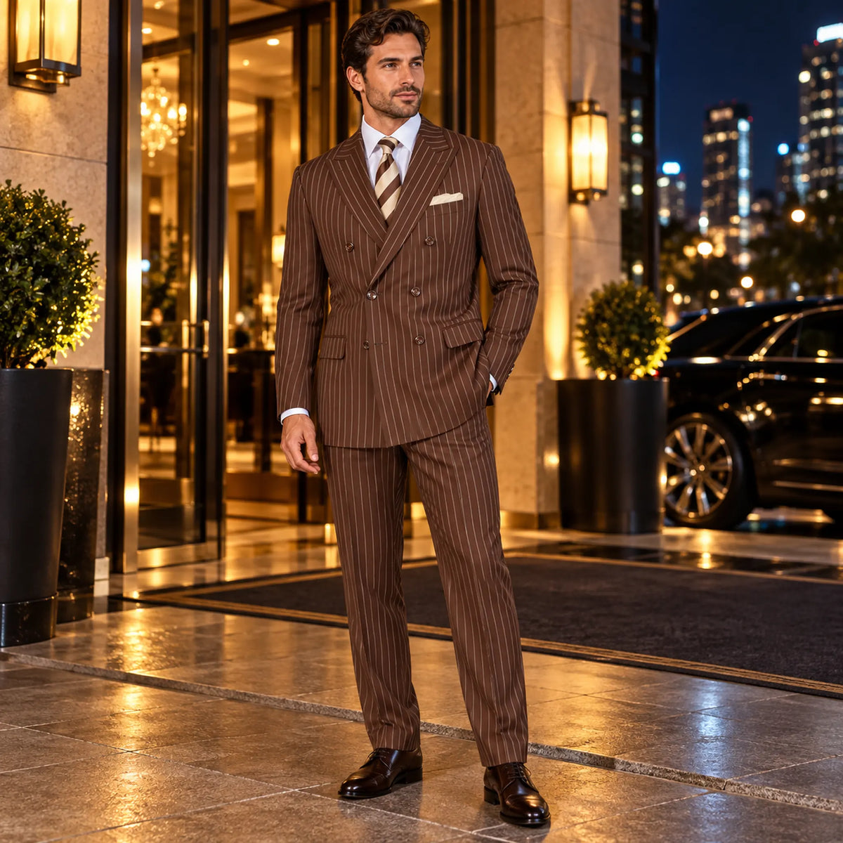 Brown Pinstripe Regular Fit Double-Breasted Suit – Banker Collection - Upscale Men's Fashion