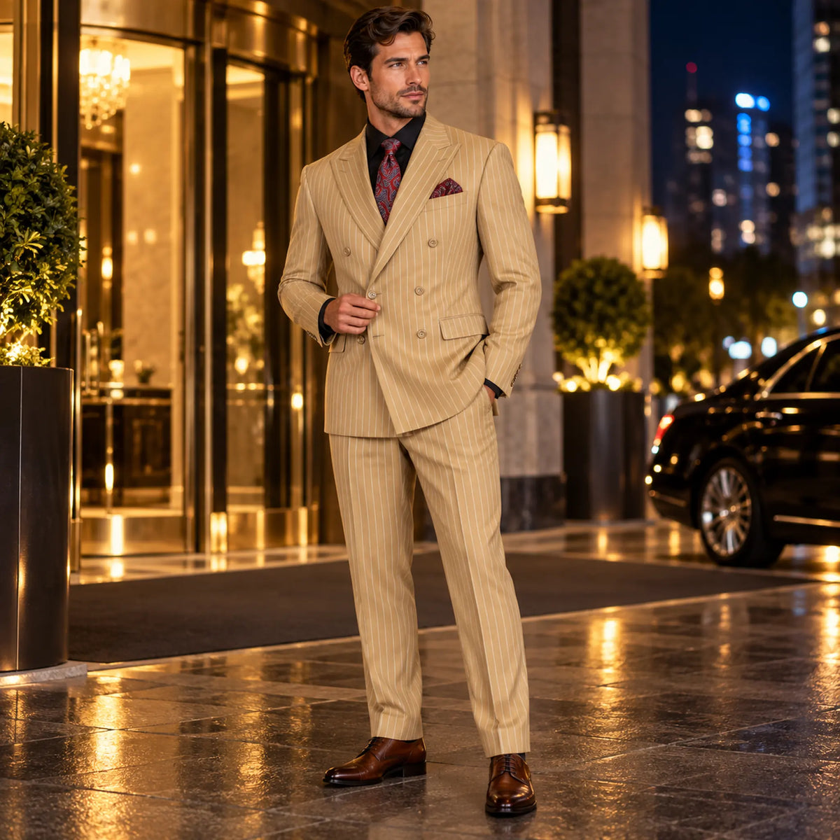 Camel Pinstripe Regular Fit Double-Breasted Suit – Banker Collection - Upscale Men's Fashion