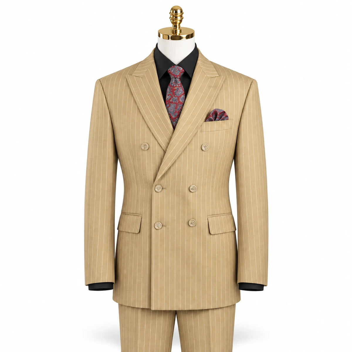 Camel Pinstripe Regular Fit Double-Breasted Suit – Banker Collection - Upscale Men's Fashion