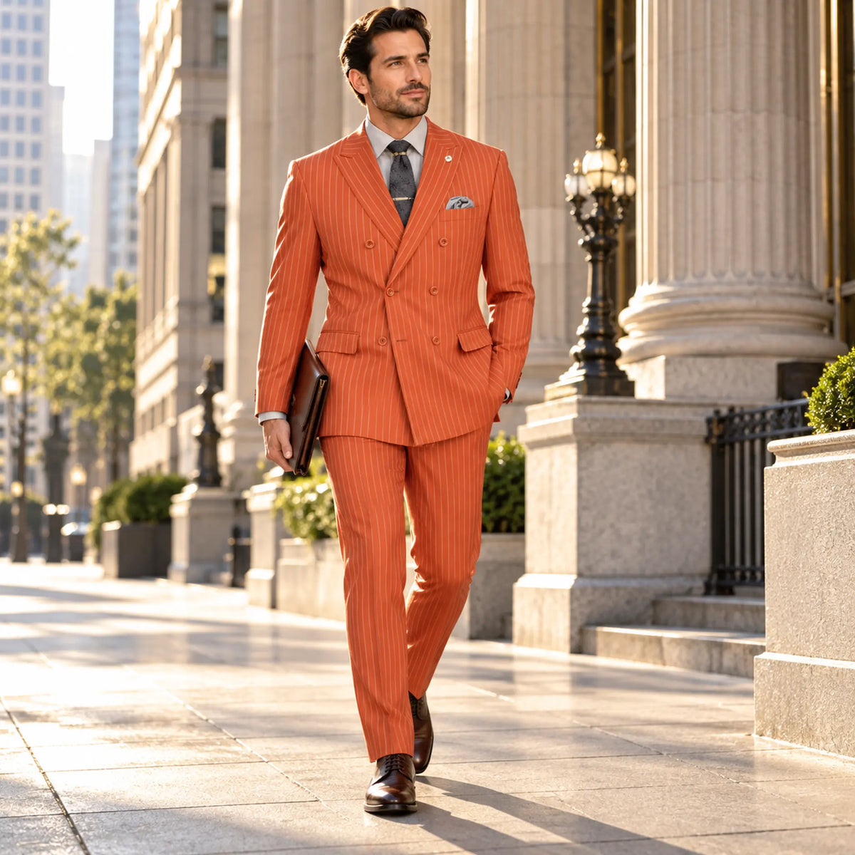 Canyon Clay Pinstripe Regular Fit Double-Breasted Suit – Banker Collection - Upscale Men's Fashion