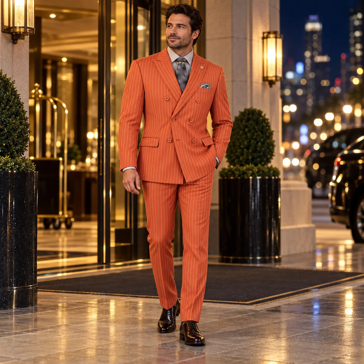 Canyon Clay Pinstripe Regular Fit Double-Breasted Suit – Banker Collection - Upscale Men's Fashion