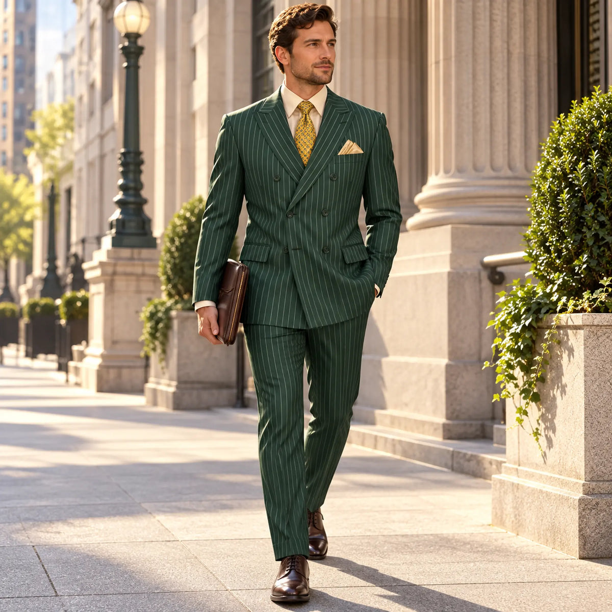 Hunter Green Pinstripe Regular Fit Double-Breasted Suit – Banker Collection - Upscale Men's Fashion
