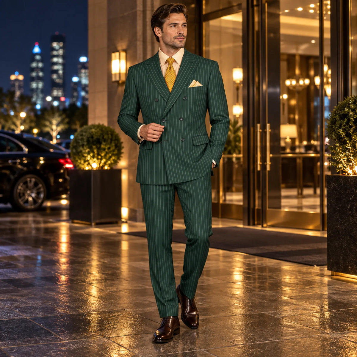 Hunter Green Pinstripe Regular Fit Double-Breasted Suit – Banker Collection - Upscale Men's Fashion